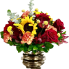 Bouquet of red roses, a sunflower, and carnations in a metallic vase