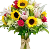 The Sunflower Garden Bouquet is made with sunflowers, stargazers lilies, carnations, roses