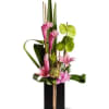 Pink tropical flowers arranged in a tall black vase