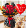 Red rose bouquet with a heart-shaped balloon and teddy bear