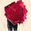 Large bouquet of red roses wrapped in red paper