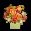 This pretty cube includes three roses and three orchids along with some