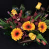 Bouquet of yellow roses, orange gerbera daisies, and burgundy orchids