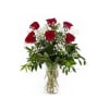 6 beautiful red roses arranged in a vase with baby's breath and