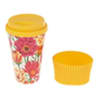 Floral-patterned travel cup with a yellow lid and matching yellow cap