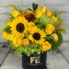 Yellow bouquet with sunflowers and roses in a black box