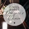 Pink tulips in a basket with funeral basket text overlay