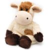 Plush cow toy with brown and white fur
