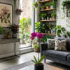 Potted purple orchids on a coffee table in a plant-filled living room