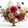 Mixed bouquet of pink, burgundy, and white flowers in a gold pedestal bowl