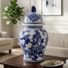 Blue-and-white ceramic ginger jar on a coffee table