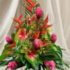 Tropical bouquet with red heliconia and pink ginger flowers
