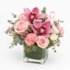 Pink orchids and roses arranged in a clear square vase