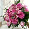Pink rose and tulip bouquet with eucalyptus greenery