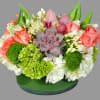 Mixed bouquet with pink roses, white blooms, and a central succulent in a green vase