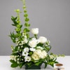White roses and daisies arranged in a low green container with tall green spikes