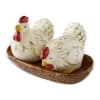 Two ceramic chicken salt and pepper shakers in a basket-shaped tray