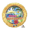 Round balloon with "Happy Retirement" text and tropical beach graphics