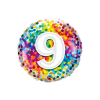 Round foil balloon with a large number 9 and multicolored confetti dots