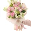 Pink rose bouquet with white flowers and ribbon wrap