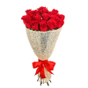 Bouquet of red roses wrapped in burlap with a red ribbon