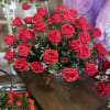 Large bouquet of bright red roses with purple mesh decor