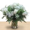 Crisp white roses arranged with delicate baby's breath and lush fern greenery