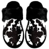 Pair of black-and-white cow-print slippers with fuzzy cuffs