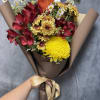 A charming hand-tied fall bouquet featuring mums, alstroemeria, roses, and button poms