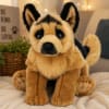 Plush dog toy sitting on a blanket with a basket and sign in the background
