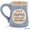 Blue ceramic mug with the text "I'm a Nurse. what's your superpower?"