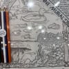 Duck and fish coloring page with three colored pencils beside it