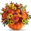 Fall floral arrangement in a pumpkin container with roses and daisies