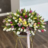 Basket of multicolored tulips with pastel Easter eggs and a pink ribbon