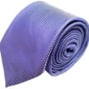 Rolled blue patterned necktie on a white background