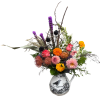 Mixed bouquet in a decorative white pitcher vase with pink, orange, and purple flowers