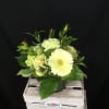 Pale yellow flower arrangement in a dark vase with greenery