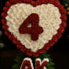 Heart-shaped red and white rose arrangement with a red number 4 and AK initials in roses below.