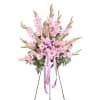 Pink gladiolus arrangement with a patterned ribbon on a stand