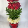 Tall arrangement of red and white roses in a black box with a red ribbon