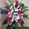 Tall pink and white floral standing spray with lilies and gerbera daisies