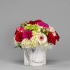 Mixed bouquet of red roses, pink gerberas, and white hydrangeas in a marble vase