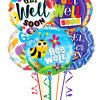 Cluster of colorful get well soon balloons with ribbons