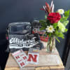 Gift set with a red rose arrangement in a glass vase and Nebraska-themed items