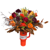 Bouquet of red, orange, and purple flowers in an orange tumbler