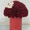Red rose arrangement in a pink cylindrical box with white orchids