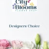 City Blooms Flower Shop logo above pastel lisianthus blooms and "Designers Choice" text