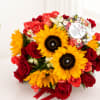 This bouquet pairs the cheerful brilliance of sunflowers with the deep passion