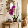 Two orchid plants in a metallic pot on a wooden table