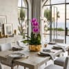Potted orchid arrangement in a gold container on a set dining table